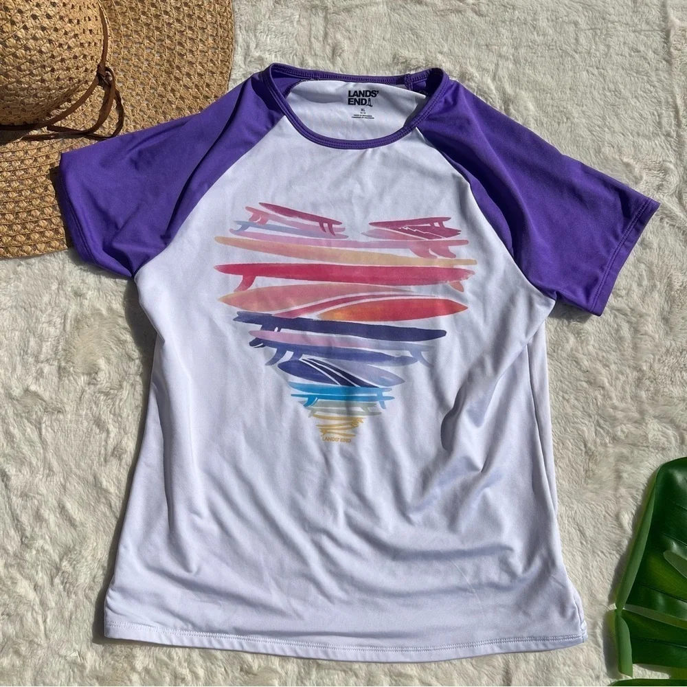 Lands End Girls Heart Surfboard Rash Guard Swim Shirt
